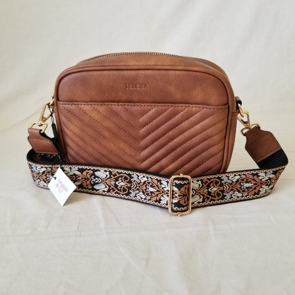 NWT! Telena Brown Faux Leather Shoulder Crossbody Bag with Embroidered Strap